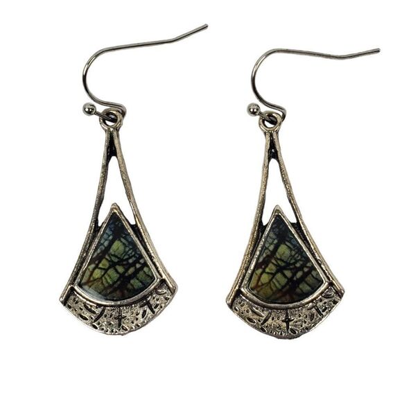Bohemian Textured Silver Tone Dangle Drop Green Black Resin Faux Stone Earrings - Picture 3 of 7